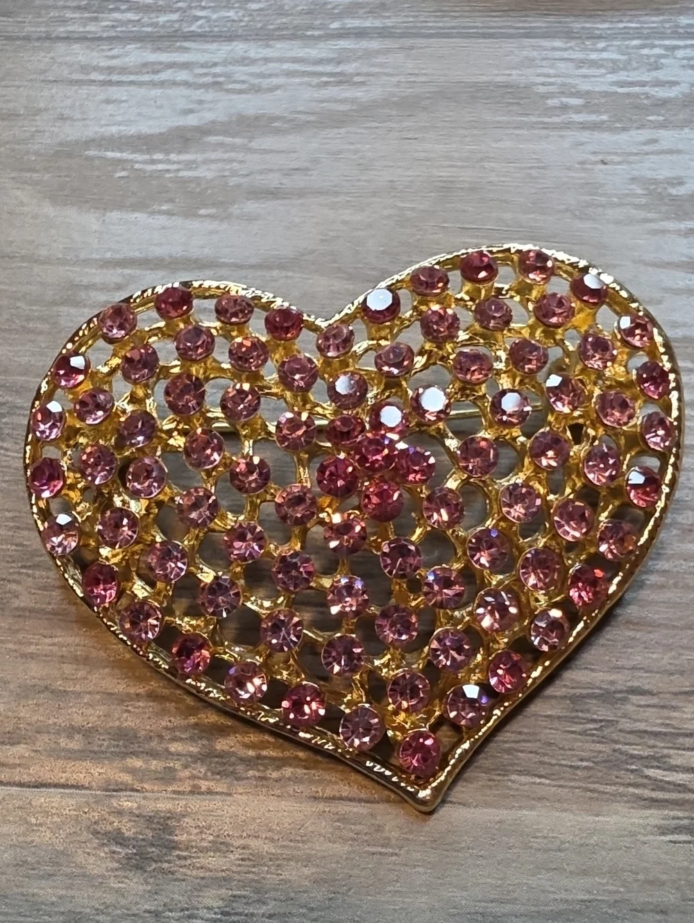 Gold Heart Brooch with Pink Crystals